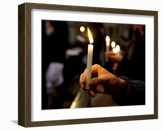 Sicily, Italy, Western Europe, a Believer, Holding a Candle During the Easter Eve Ceremony at the T-Ken Scicluna-Framed Photographic Print