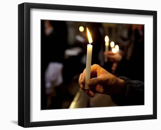 Sicily, Italy, Western Europe, a Believer, Holding a Candle During the Easter Eve Ceremony at the T-Ken Scicluna-Framed Photographic Print