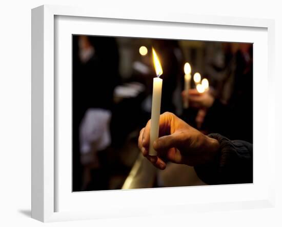 Sicily, Italy, Western Europe, a Believer, Holding a Candle During the Easter Eve Ceremony at the T-Ken Scicluna-Framed Photographic Print