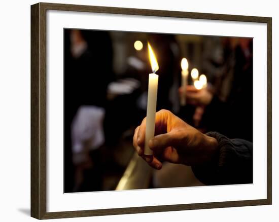 Sicily, Italy, Western Europe, a Believer, Holding a Candle During the Easter Eve Ceremony at the T-Ken Scicluna-Framed Photographic Print