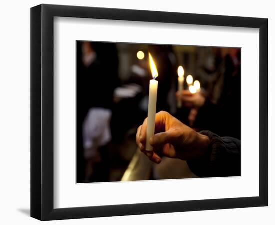 Sicily, Italy, Western Europe, a Believer, Holding a Candle During the Easter Eve Ceremony at the T-Ken Scicluna-Framed Photographic Print