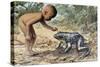 Side Profile of a Boy Looking at a Goliath Frog (Gigantorana Goliath)-null-Stretched Canvas