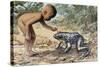 Side Profile of a Boy Looking at a Goliath Frog (Gigantorana Goliath)-null-Stretched Canvas