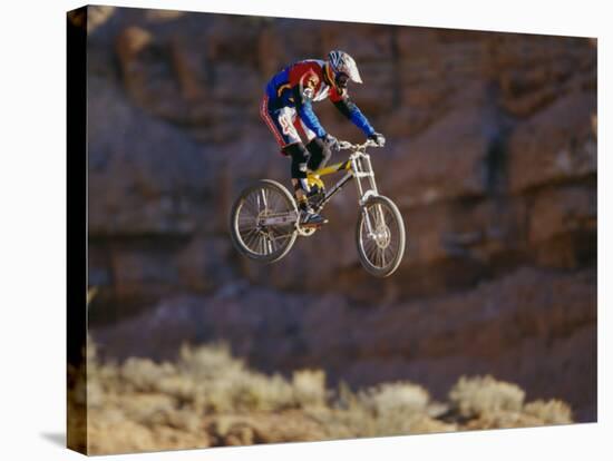 Side Profile of a Person on a Bicycle in Mid Air-null-Stretched Canvas