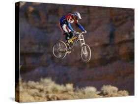 Side Profile of a Person on a Bicycle in Mid Air-null-Stretched Canvas