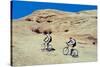 Side profile of two men mountain bilking on rocks, Slickrock Trail, Moab, Utah, USA-Richard Sisk-Stretched Canvas