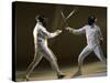 Side Profile of Two People Fencing-null-Stretched Canvas