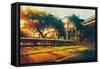 Side View on Empty Street Landscape at Sunset,Digital Painting-Tithi Luadthong-Framed Stretched Canvas