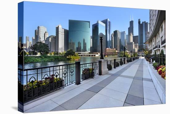 Sidewalk Skyline River-Larry Malvin-Stretched Canvas