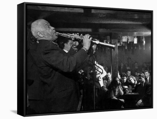 Sidney Bechet Performing in Small Basement Club "Vieux Colombier"-Nat Farbman-Framed Stretched Canvas