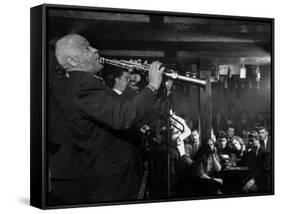 Sidney Bechet Performing in Small Basement Club "Vieux Colombier"-Nat Farbman-Framed Stretched Canvas