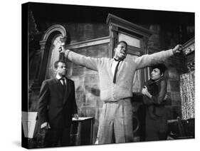 Sidney Poitier in Dramatic Scene from Play "A Raisin in the Sun", Actress Ruby Dee Visible on Right-Gordon Parks-Stretched Canvas