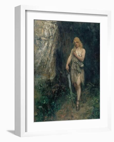 Siegfried in Front of Fafner's Cave with the Ring and His Sword Named "Notung"-Ferdinand Leeke-Framed Giclee Print