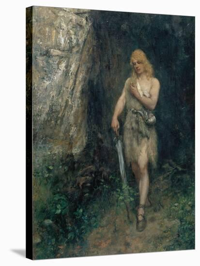 Siegfried in Front of Fafner's Cave with the Ring and His Sword Named "Notung"-Ferdinand Leeke-Stretched Canvas