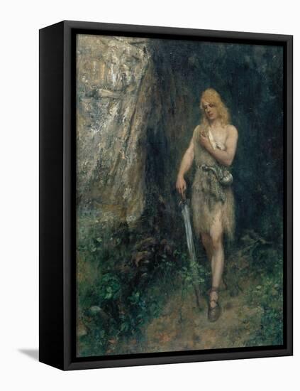 Siegfried in Front of Fafner's Cave with the Ring and His Sword Named "Notung"-Ferdinand Leeke-Framed Stretched Canvas