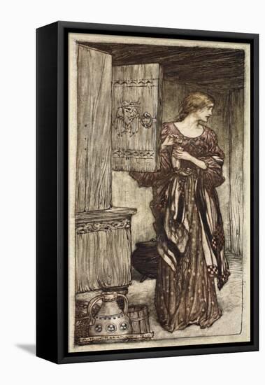 Sieglinde prepares Hunding's draught for night, illustration from 'The Rhinegold and the Valkyrie'-Arthur Rackham-Framed Stretched Canvas