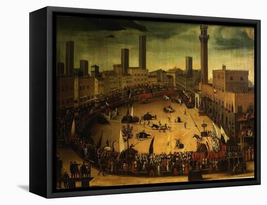 Siena, Italy, Public Entertainment in Square with Bulls, Bear and Wooden Contraptions-Vincenzo Rustici-Framed Stretched Canvas