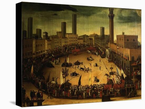 Siena, Italy, Public Entertainment in Square with Bulls, Bear and Wooden Contraptions-Vincenzo Rustici-Stretched Canvas