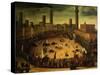 Siena, Italy, Public Entertainment in Square with Bulls, Bear and Wooden Contraptions-Vincenzo Rustici-Stretched Canvas