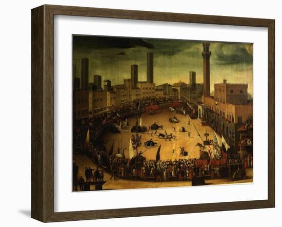 Siena, Italy, Public Entertainment in Square with Bulls, Bear and Wooden Contraptions-Vincenzo Rustici-Framed Giclee Print