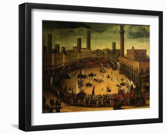 Siena, Italy, Public Entertainment in Square with Bulls, Bear and Wooden Contraptions-Vincenzo Rustici-Framed Giclee Print