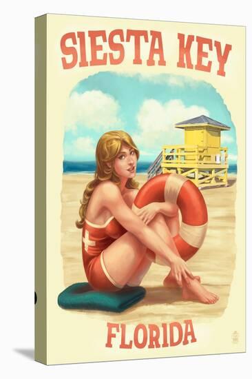 Siesta Key, Florida - Lifeguard Pinup with Life Preserver-Lantern Press-Stretched Canvas