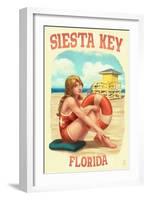 Siesta Key, Florida - Lifeguard Pinup with Life Preserver-Lantern Press-Framed Art Print