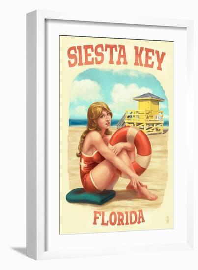 Siesta Key, Florida - Lifeguard Pinup with Life Preserver-Lantern Press-Framed Art Print