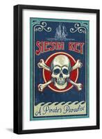 Siesta Key, Florida - Skull and Crossbones - Vintage Sign-Lantern Press-Framed Art Print