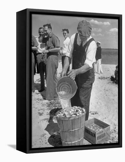 Sights of a Typical Summer at Cape Cod: Watering Clams to Aid the Steaming for Clambake-null-Framed Stretched Canvas