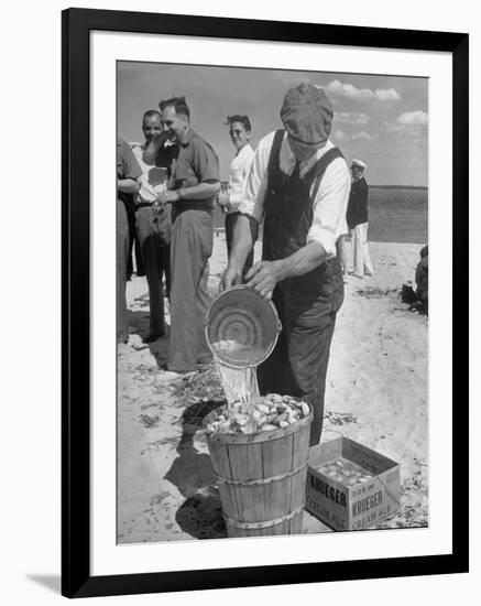 Sights of a Typical Summer at Cape Cod: Watering Clams to Aid the Steaming for Clambake-null-Framed Photographic Print