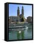 Sightseeing Boat on the River Limmat in Front of Grossmunster Church, Zurich, Switzerland, Europe-Richardson Peter-Framed Stretched Canvas