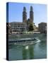 Sightseeing Boat on the River Limmat in Front of Grossmunster Church, Zurich, Switzerland, Europe-Richardson Peter-Stretched Canvas