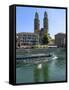 Sightseeing Boat on the River Limmat in Front of Grossmunster Church, Zurich, Switzerland, Europe-Richardson Peter-Framed Stretched Canvas