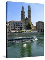 Sightseeing Boat on the River Limmat in Front of Grossmunster Church, Zurich, Switzerland, Europe-Richardson Peter-Stretched Canvas