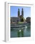 Sightseeing Boat on the River Limmat in Front of Grossmunster Church, Zurich, Switzerland, Europe-Richardson Peter-Framed Photographic Print