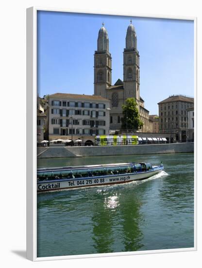 Sightseeing Boat on the River Limmat in Front of Grossmunster Church, Zurich, Switzerland, Europe-Richardson Peter-Framed Photographic Print