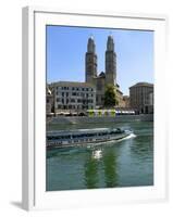 Sightseeing Boat on the River Limmat in Front of Grossmunster Church, Zurich, Switzerland, Europe-Richardson Peter-Framed Photographic Print