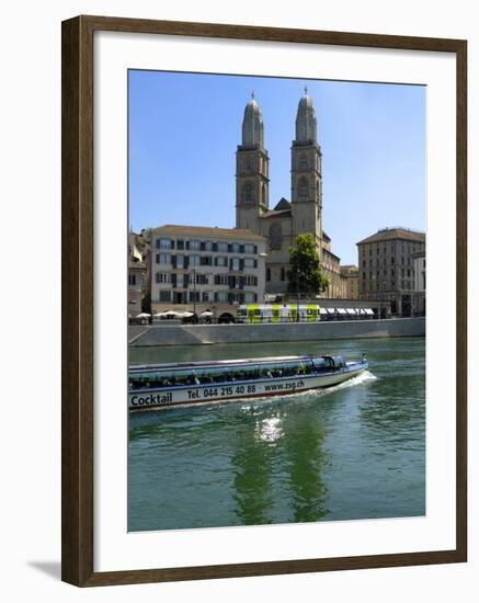 Sightseeing Boat on the River Limmat in Front of Grossmunster Church, Zurich, Switzerland, Europe-Richardson Peter-Framed Photographic Print