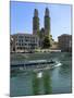 Sightseeing Boat on the River Limmat in Front of Grossmunster Church, Zurich, Switzerland, Europe-Richardson Peter-Mounted Photographic Print