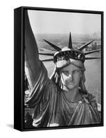 Sightseers Hanging Out Windows in Crown of Statue of Liberty with NJ Shore in the Background-Margaret Bourke-White-Framed Stretched Canvas