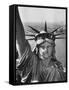 Sightseers Hanging Out Windows in Crown of Statue of Liberty with NJ Shore in the Background-Margaret Bourke-White-Framed Stretched Canvas