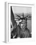 Sightseers Hanging Out Windows in Crown of Statue of Liberty with NJ Shore in the Background-Margaret Bourke-White-Framed Premium Photographic Print