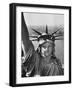 Sightseers Hanging Out Windows in Crown of Statue of Liberty with NJ Shore in the Background-Margaret Bourke-White-Framed Photographic Print