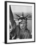 Sightseers Hanging Out Windows in Crown of Statue of Liberty with NJ Shore in the Background-Margaret Bourke-White-Framed Photographic Print