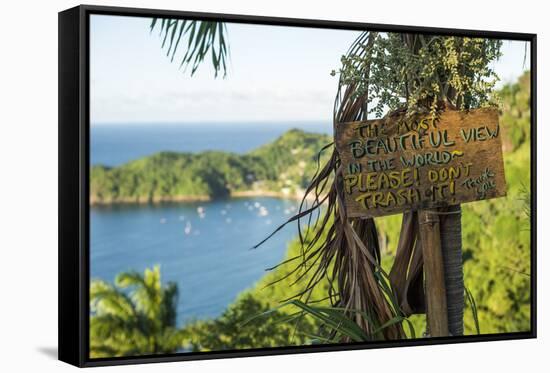 Sign asking not to trash most beautiful view in world, Castara Bay, Tobago, Trinidad and Tobago-Alex Treadway-Framed Stretched Canvas