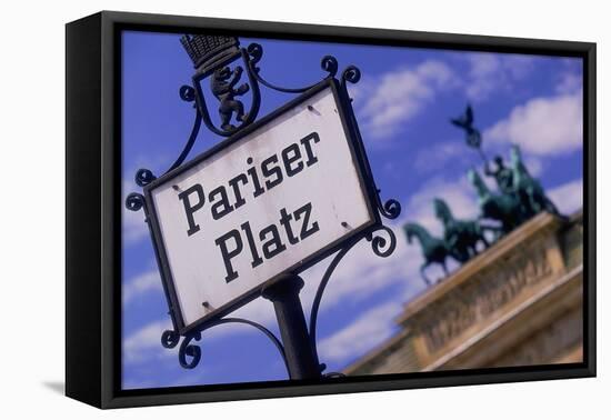 Sign at Pariser Platz and Brandenburg Gate-Jon Hicks-Framed Stretched Canvas