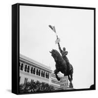 Sign on Statue of Joan of Arc at Plateaus Des Glieres-null-Framed Stretched Canvas