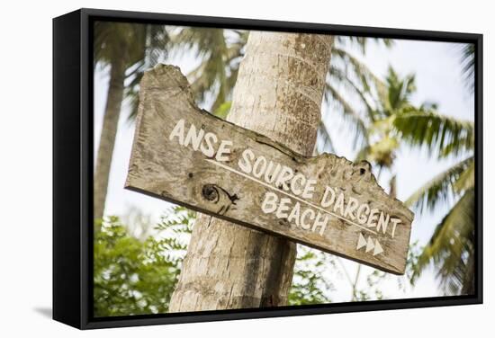 Sign to Anse Source D'Argent Beach, L'Union Estate Plantation, La Digue, Seychelles-Jon Arnold-Framed Stretched Canvas