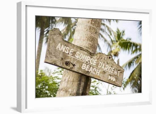 Sign to Anse Source D'Argent Beach, L'Union Estate Plantation, La Digue, Seychelles-Jon Arnold-Framed Photographic Print